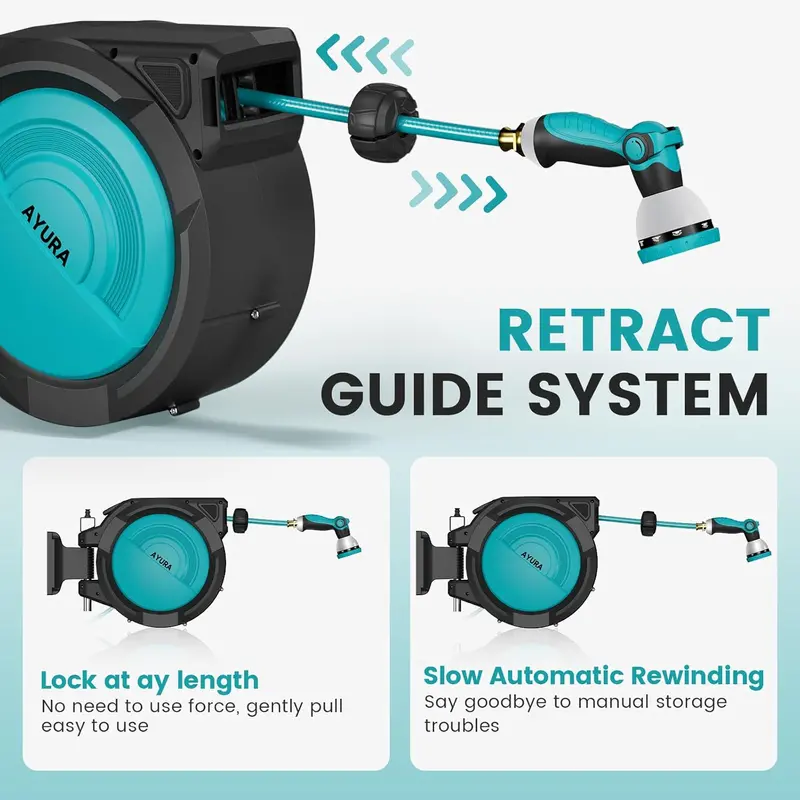 AYURA Retractable Garden Hose Reel – Auto-Rewind, Adjustable Length Lock & 10-Spray Nozzle