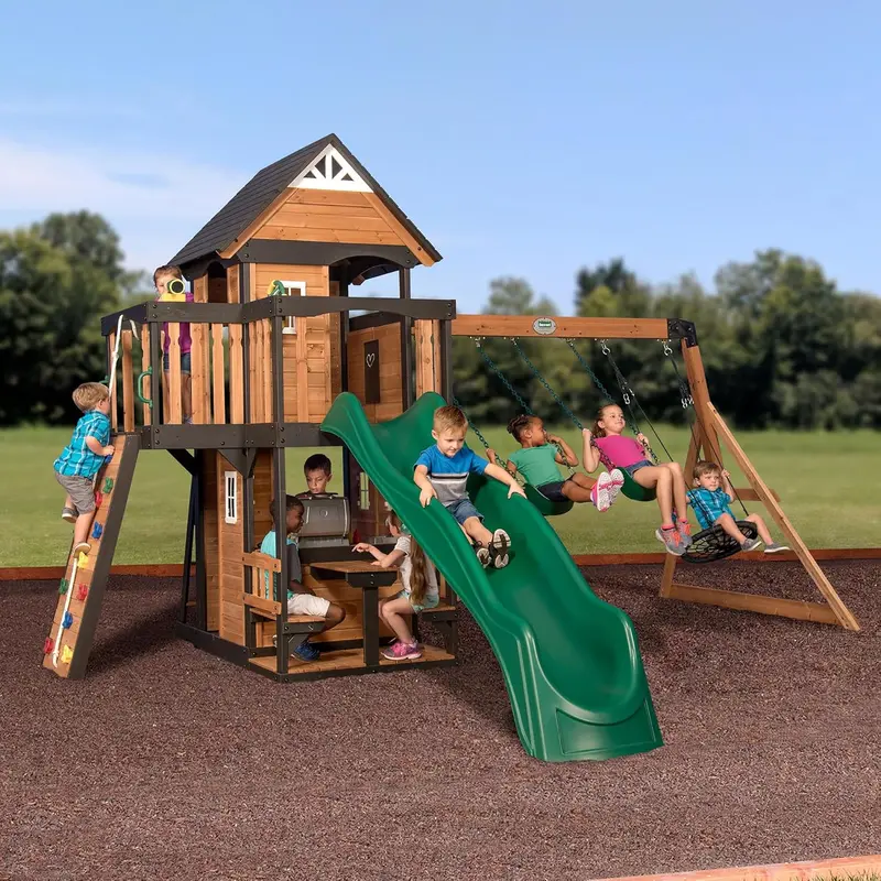 Backyard Discovery Canyon Creek Cedar Swing Set – Full-Feature Outdoor Play System with Clubhouse, Slide, Rock Wall & More