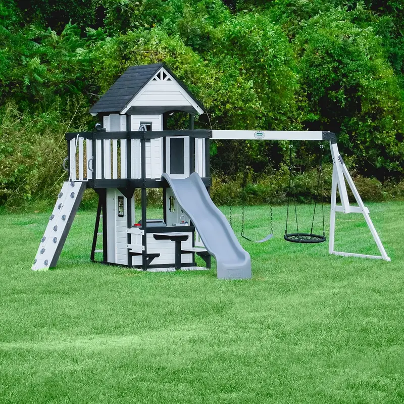 Backyard Discovery Canyon Creek Cedar Swing Set – Full-Feature Outdoor Play System with Clubhouse, Slide, Rock Wall & More