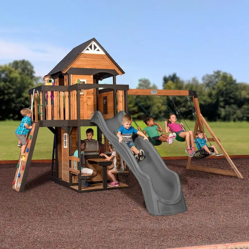 Backyard Discovery Canyon Creek Cedar Swing Set – Full-Feature Outdoor Play System with Clubhouse, Slide, Rock Wall & More
