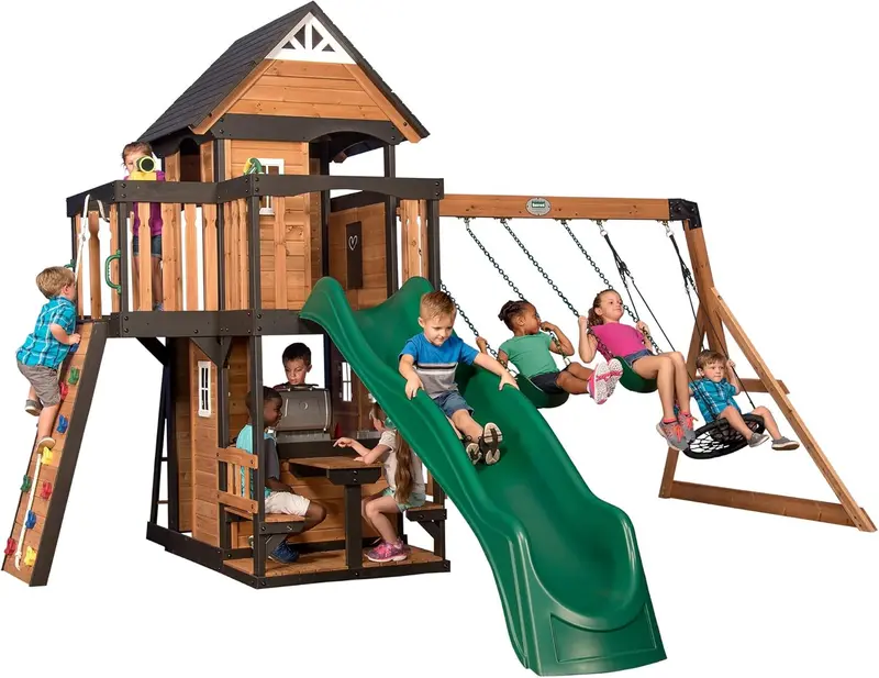 Backyard Discovery Canyon Creek Cedar Swing Set – Full-Feature Outdoor Play System with Clubhouse, Slide, Rock Wall & More