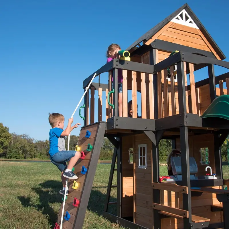 Backyard Discovery Canyon Creek Cedar Swing Set – Full-Feature Outdoor Play System with Clubhouse, Slide, Rock Wall & More