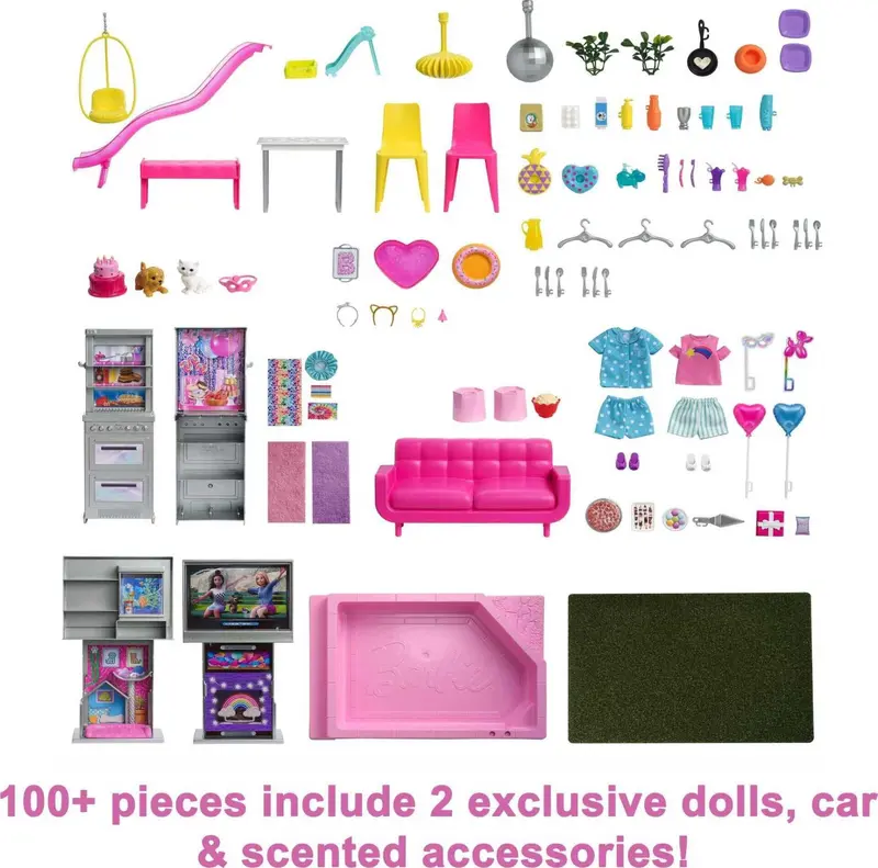 Barbie 60th Anniversary DreamHouse Playset – Includes 2 Dolls, Convertible Car, and Over 100 Role-Play Accessories