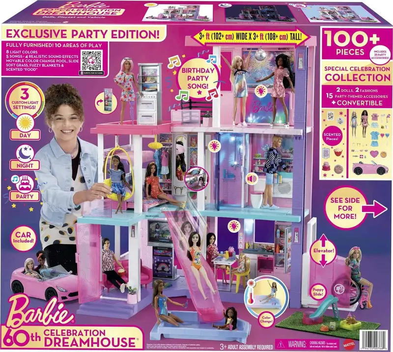 Barbie 60th Anniversary DreamHouse Playset – Includes 2 Dolls, Convertible Car, and Over 100 Role-Play Accessories