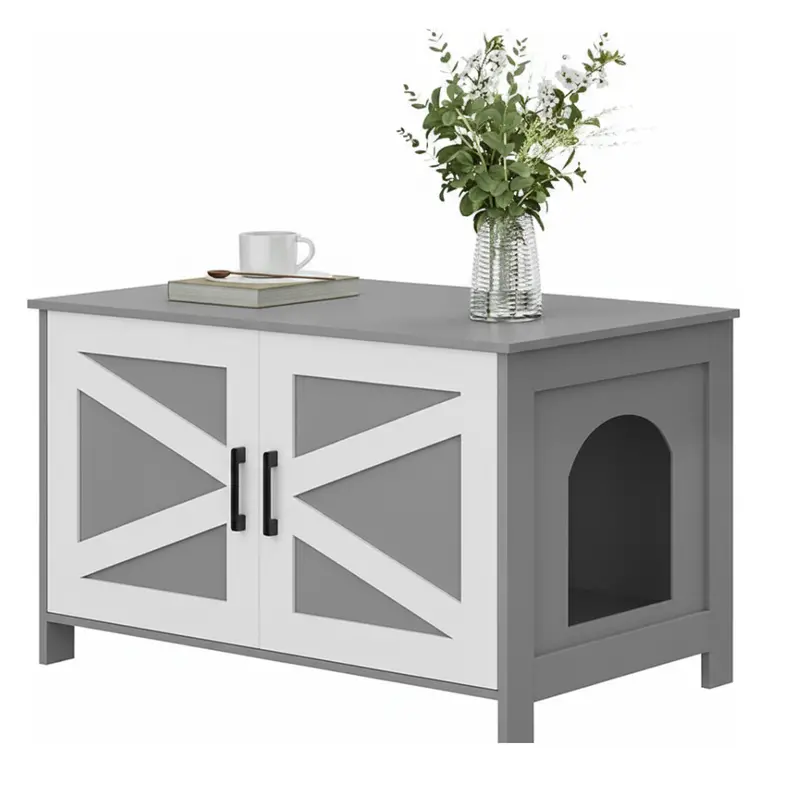 Barn-Door Litter Box Cabinet – Side Entry and Rustic Wooden Door Design 2
