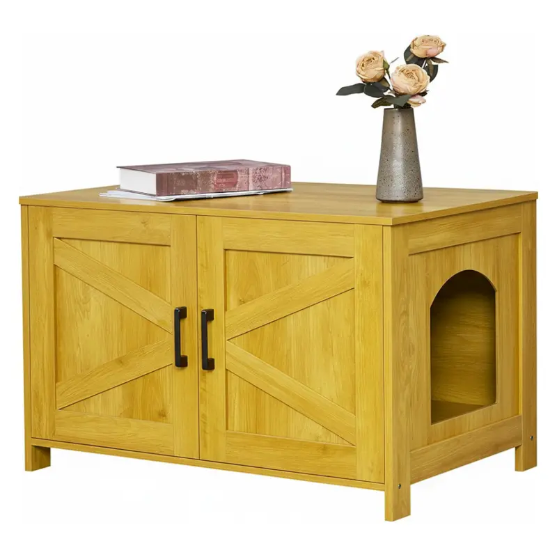 Barn-Door Litter Box Cabinet – Side Entry and Rustic Wooden Door Design