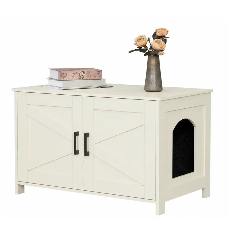 Barn-Door Litter Box Cabinet – Side Entry and Rustic Wooden Door Design