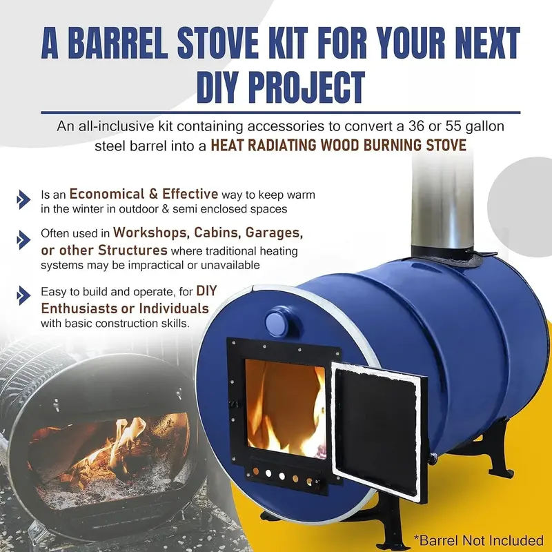 Barrel Stove Kit C – DIY Wood-Burning Heater for 30–55-Gallon Drums – Emergency Cooking & Heating Solution