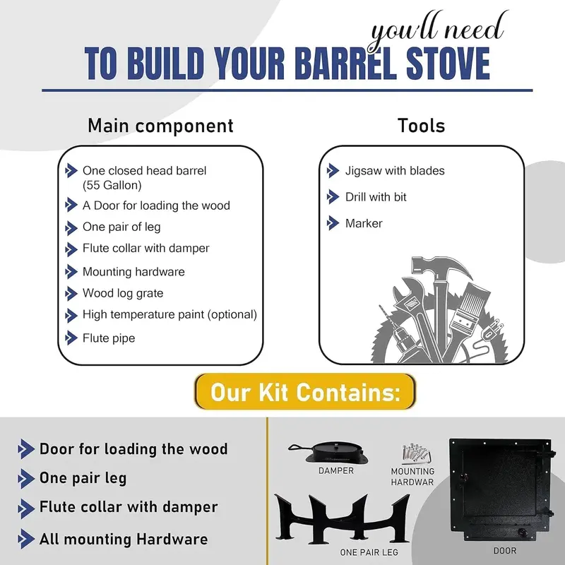 Barrel Stove Kit C – DIY Wood-Burning Heater for 30–55-Gallon Drums – Emergency Cooking & Heating Solution