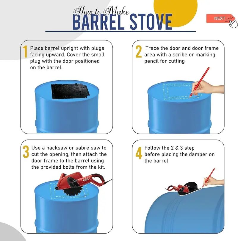 Barrel Stove Kit C – DIY Wood-Burning Heater for 30–55-Gallon Drums – Emergency Cooking & Heating Solution