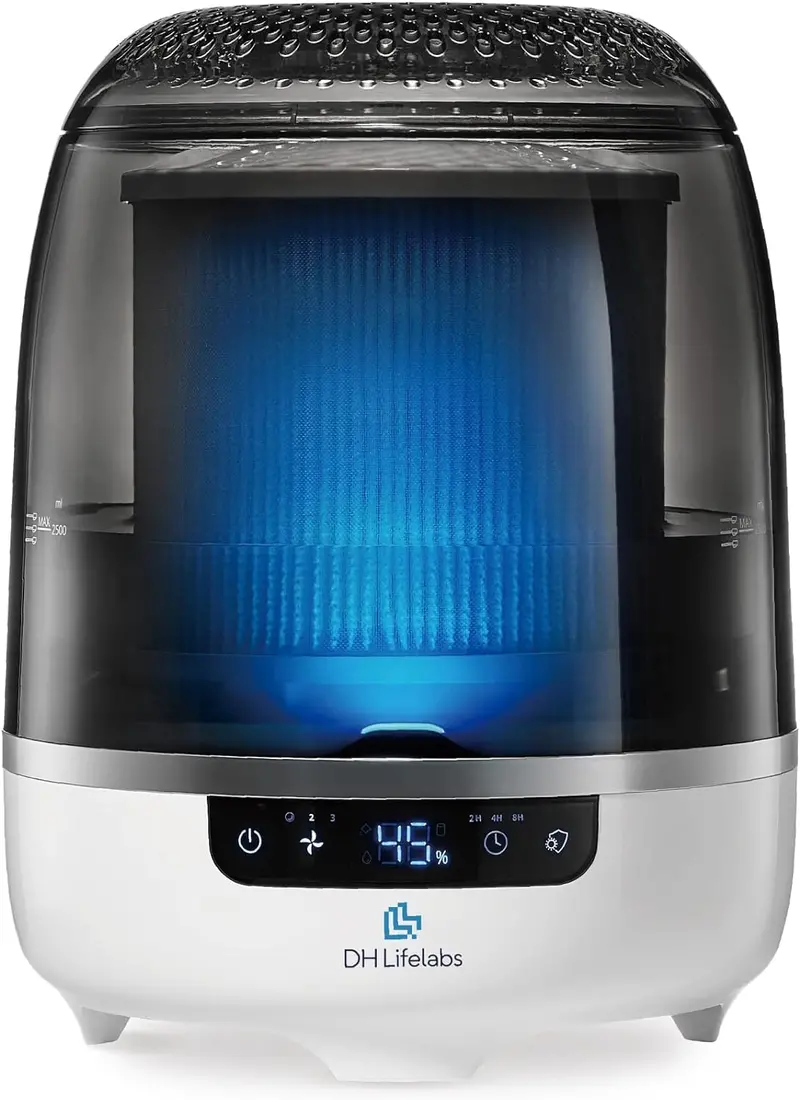 Bedroom Evaporative Humidifier + Air Purifier – HOCL Generator, Odor Eliminator & Mildew Remover for Up to 538 sq.ft