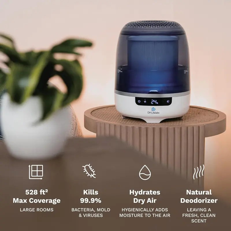 Bedroom Evaporative Humidifier + Air Purifier – HOCL Generator, Odor Eliminator & Mildew Remover for Up to 538 sq.ft