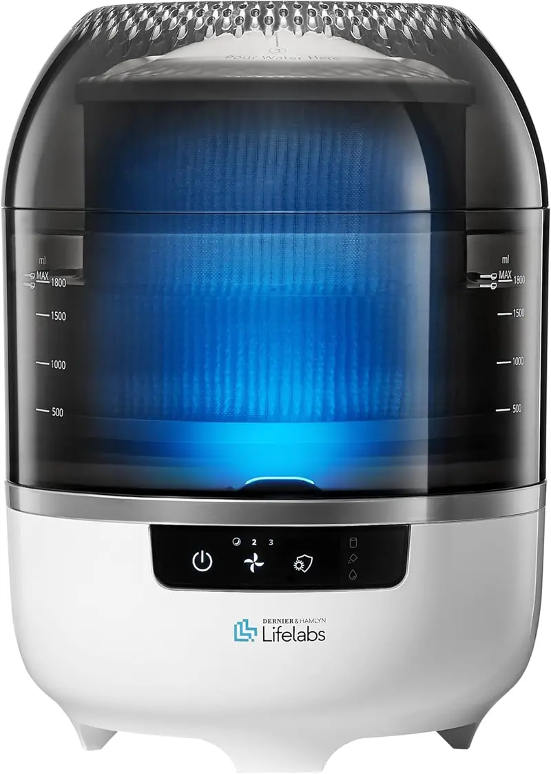 Bedroom Evaporative Humidifier + Air Purifier – HOCL Generator, Odor Eliminator & Mildew Remover for Up to 538 sq.ft