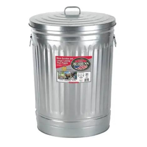 Behrens Galvanized Steel Trash Can – 31-Gallon Silver Bin with Secure Lid