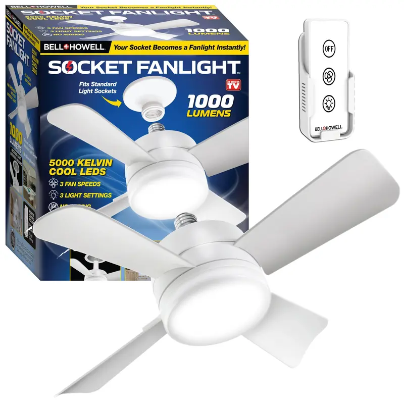Bell + Howell Dual-Function Light Socket Fan – Ceiling-Mounted Fan & Lamp Combo