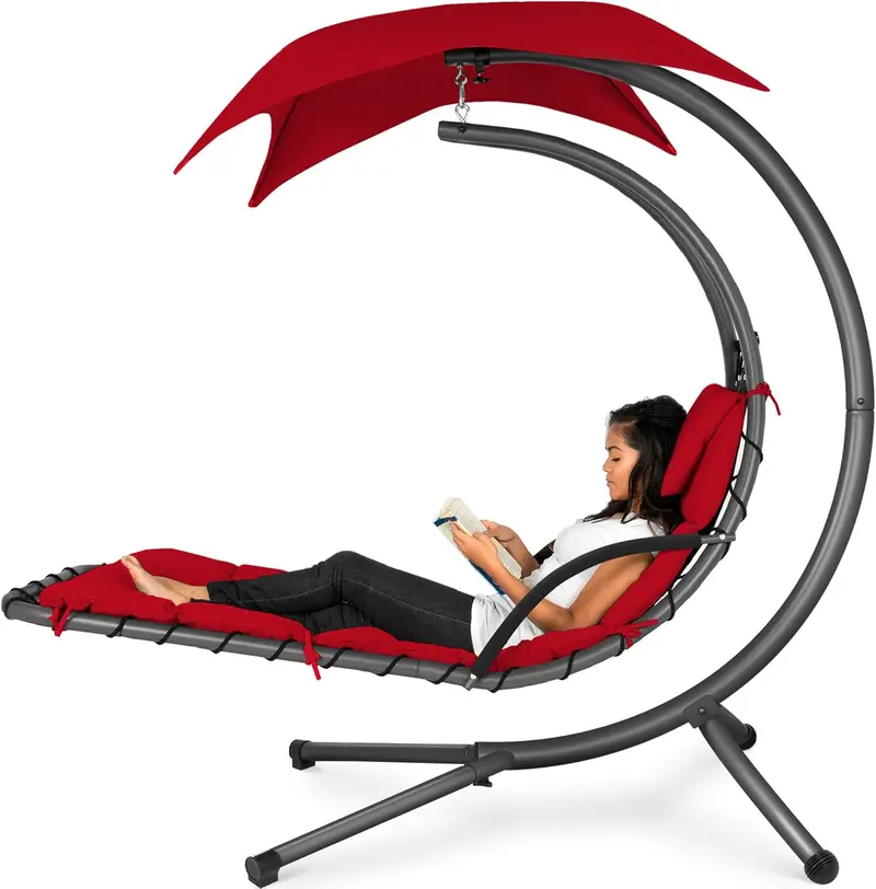 Best Choice Products Curved Steel Hanging Chaise Swing – Teal Outdoor Lounge with Canopy and Pillow 1