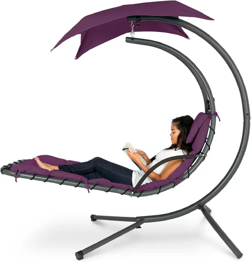Best Choice Products Curved Steel Hanging Chaise Swing – Teal Outdoor Lounge with Canopy and Pillow