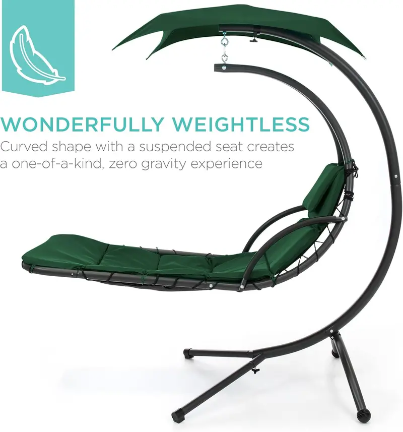 Best Choice Products Curved Steel Hanging Chaise Swing – Teal Outdoor Lounge with Canopy and Pillow