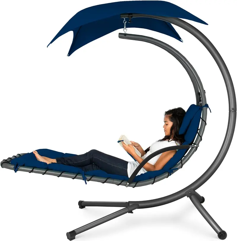 Best Choice Products Curved Steel Hanging Chaise Swing – Teal Outdoor Lounge with Canopy and Pillow