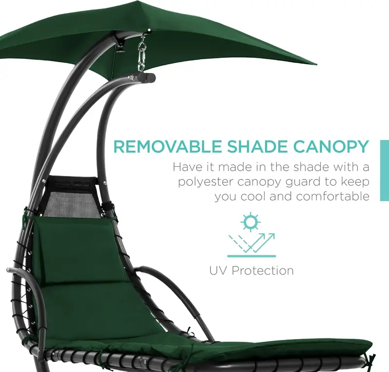 Best Choice Products Curved Steel Hanging Chaise Swing – Teal Outdoor Lounge with Canopy and Pillow
