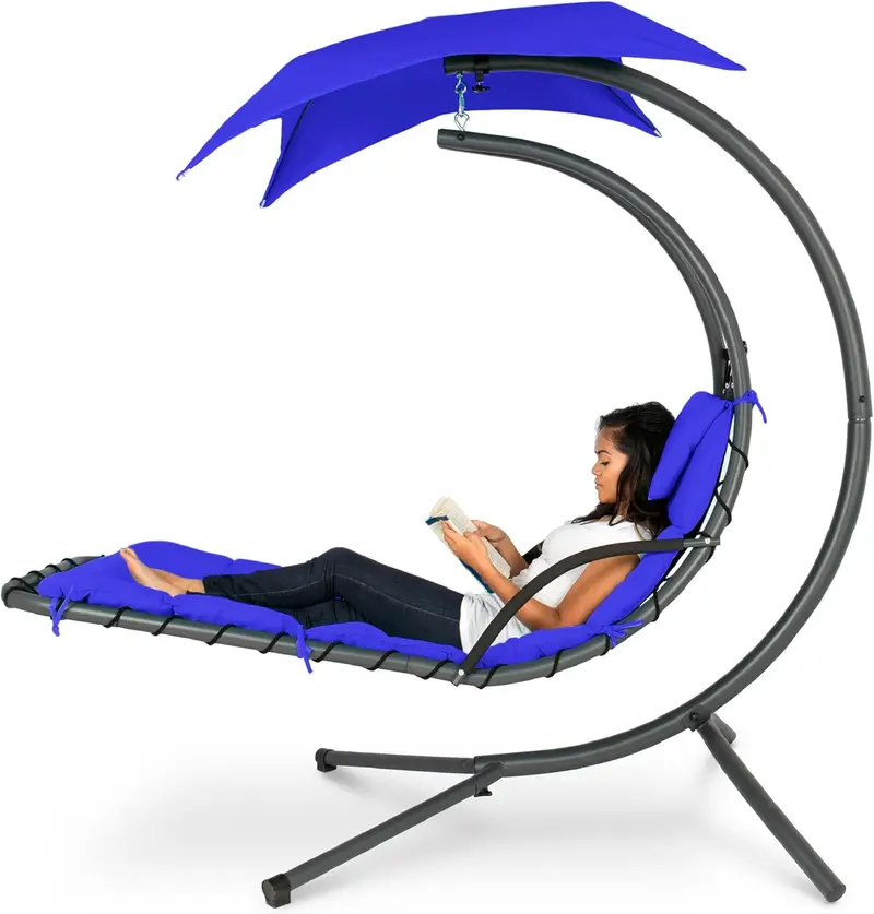 Best Choice Products Curved Steel Hanging Chaise Swing – Teal Outdoor Lounge with Canopy and Pillow