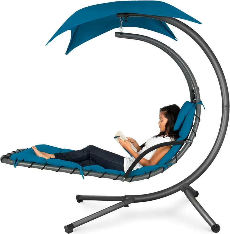 Best Choice Products Curved Steel Hanging Chaise Swing – Teal Outdoor Lounge with Canopy and Pillow