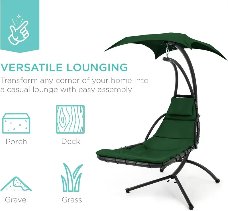 Best Choice Products Curved Steel Hanging Chaise Swing – Teal Outdoor Lounge with Canopy and Pillow