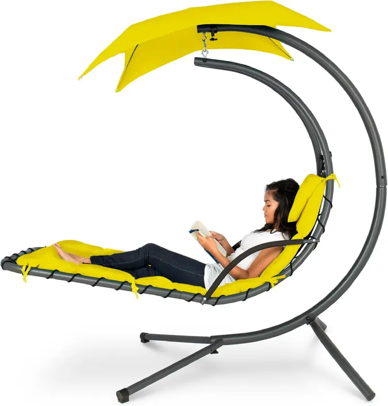 Best Choice Products Curved Steel Hanging Chaise Swing – Teal Outdoor Lounge with Canopy and Pillow