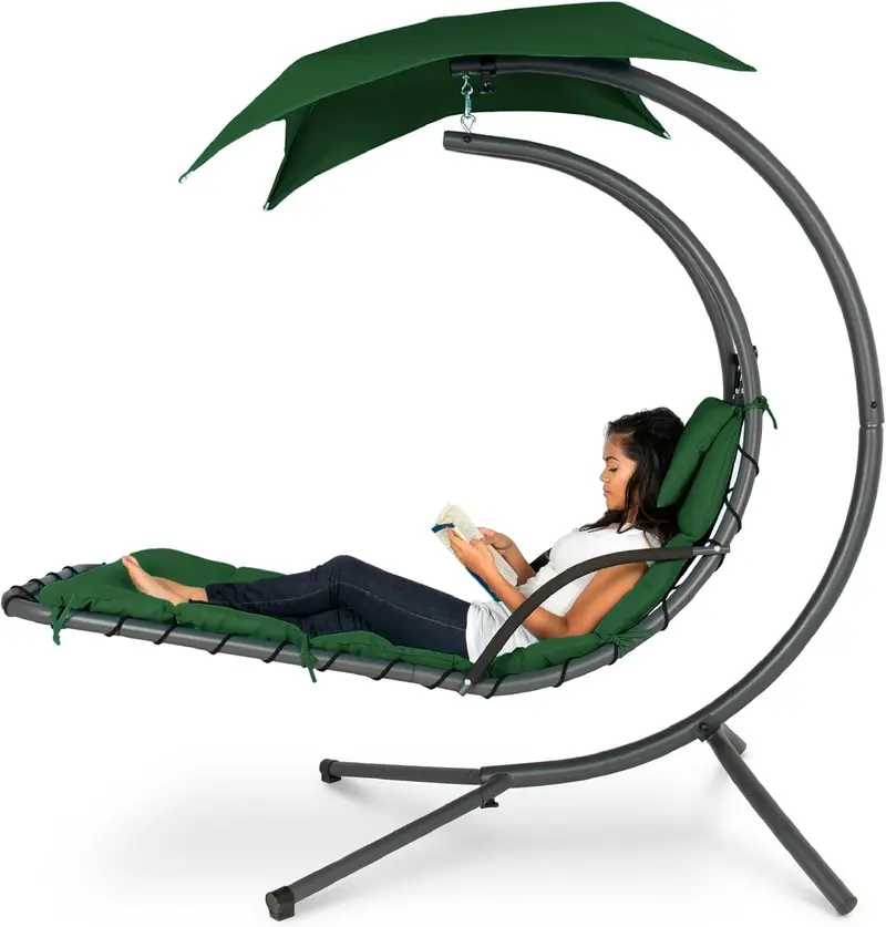 Best Choice Products Curved Steel Hanging Chaise Swing – Teal Outdoor Lounge with Canopy and Pillow
