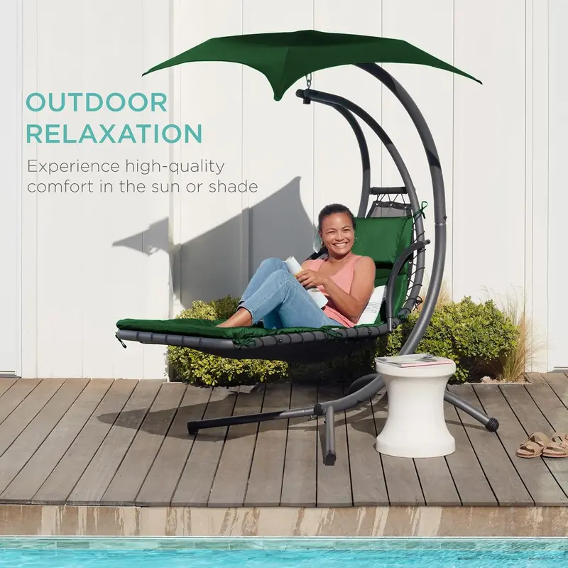 Best Choice Products Curved Steel Hanging Chaise Swing – Teal Outdoor Lounge with Canopy and Pillow