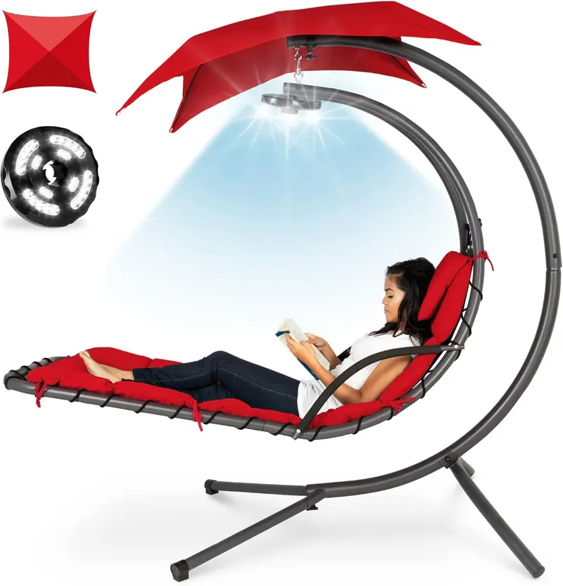 Best Choice Products Curved Steel Hanging Chaise Swing – Teal Outdoor Lounge with Canopy and Pillow