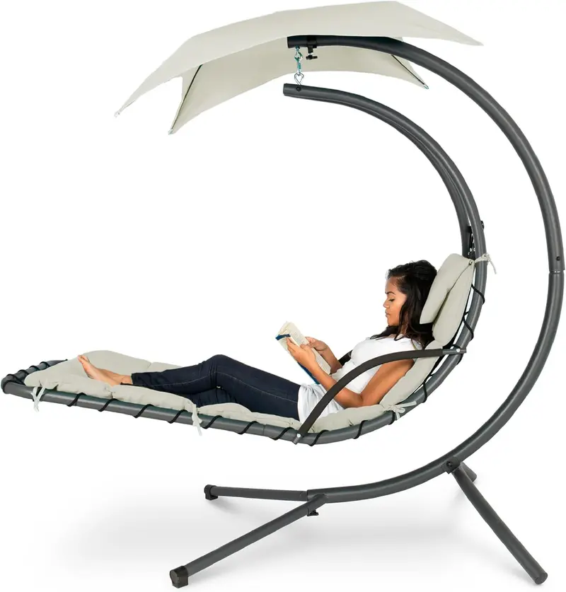 Best Choice Products Curved Steel Hanging Chaise Swing – Teal Outdoor Lounge with Canopy and Pillow