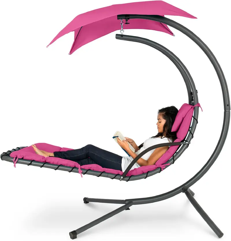 Best Choice Products Curved Steel Hanging Chaise Swing – Teal Outdoor Lounge with Canopy and Pillow