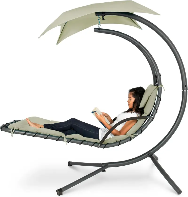 Best Choice Products Curved Steel Hanging Chaise Swing – Teal Outdoor Lounge with Canopy and Pillow