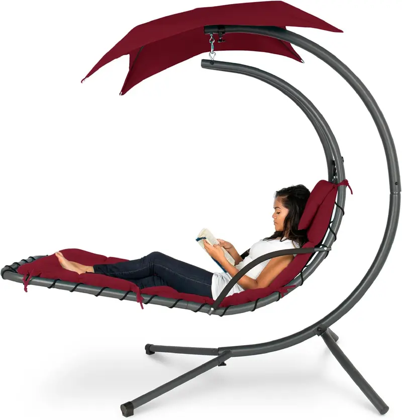 Best Choice Products Curved Steel Hanging Chaise Swing – Teal Outdoor Lounge with Canopy and Pillow