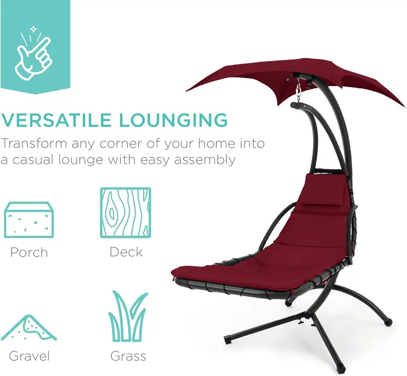 Best Choice Products Curved Steel Hanging Chaise Swing – Teal Outdoor Lounge with Canopy and Pillow