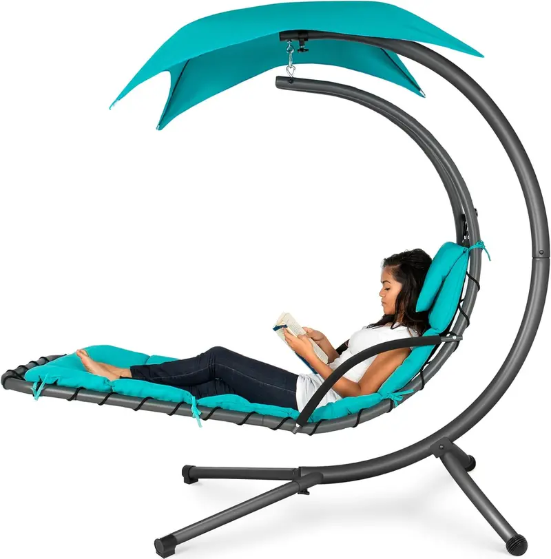 Best Choice Products Curved Steel Hanging Chaise Swing – Teal Outdoor Lounge with Canopy and Pillow