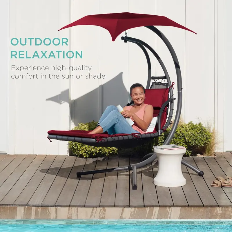 Best Choice Products Curved Steel Hanging Chaise Swing – Teal Outdoor Lounge with Canopy and Pillow