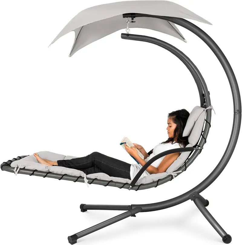 Best Choice Products Curved Steel Hanging Chaise Swing – Teal Outdoor Lounge with Canopy and Pillow