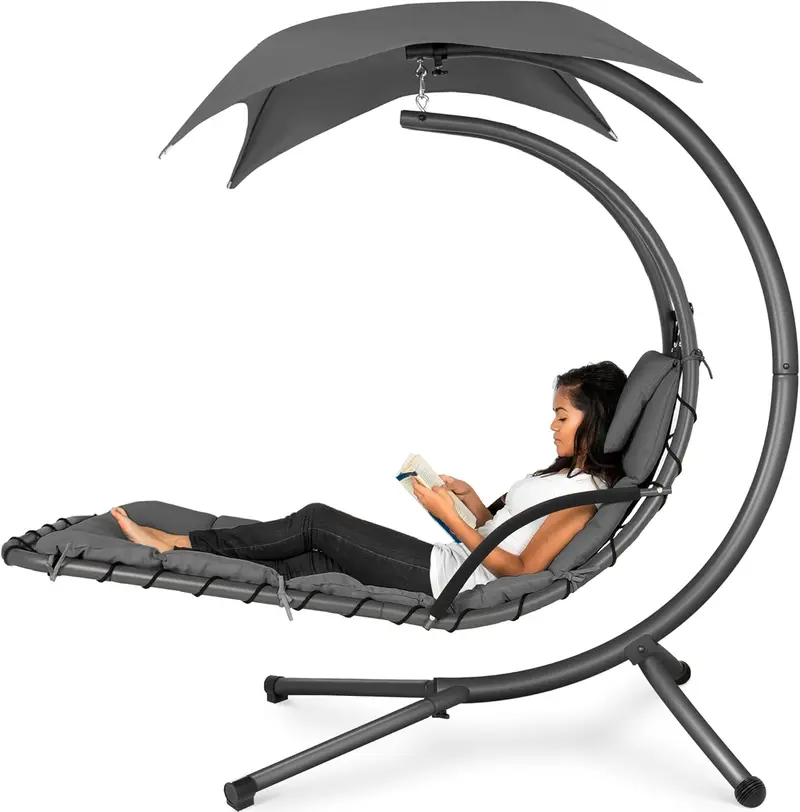 Best Choice Products Curved Steel Hanging Chaise Swing – Teal Outdoor Lounge with Canopy and Pillow