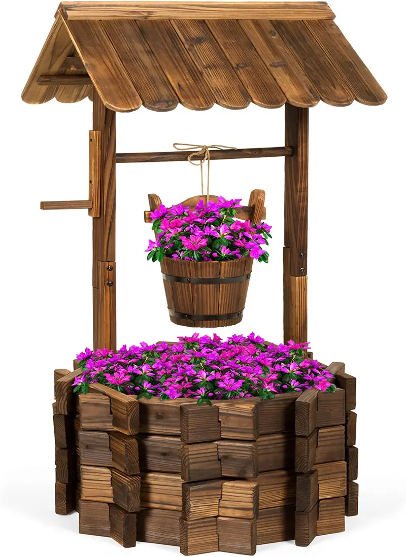Best Choice Products Rustic Wishing Well Planter – Wooden Outdoor Decor with Hanging Bucket for Gardens and Patios