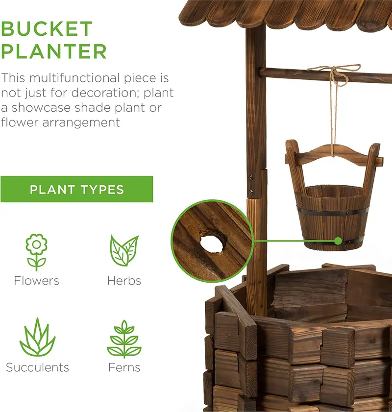 Best Choice Products Rustic Wishing Well Planter – Wooden Outdoor Decor with Hanging Bucket for Gardens and Patios