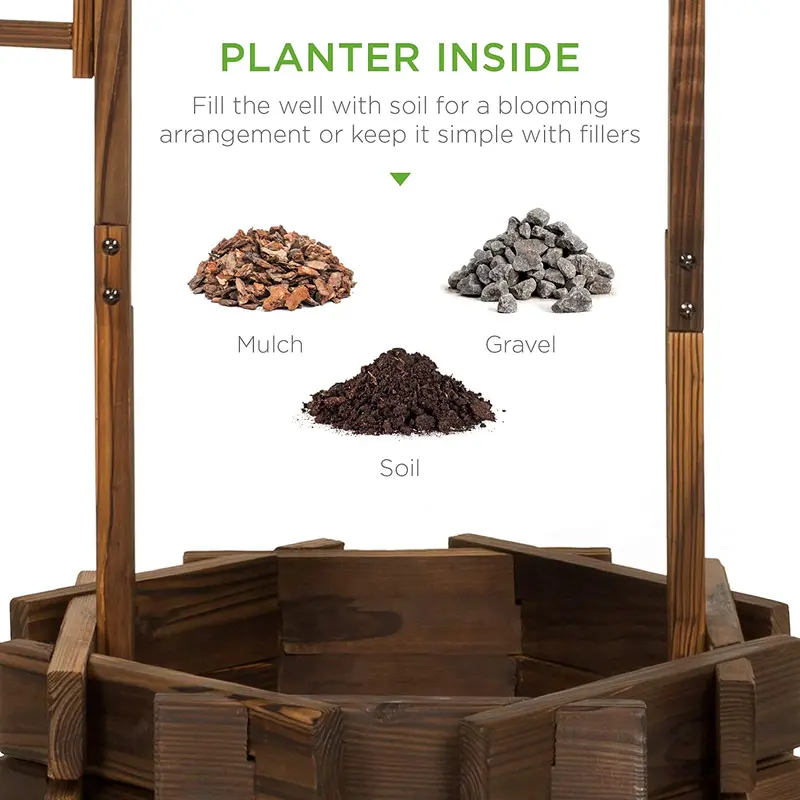 Best Choice Products Rustic Wishing Well Planter – Wooden Outdoor Decor with Hanging Bucket for Gardens and Patios