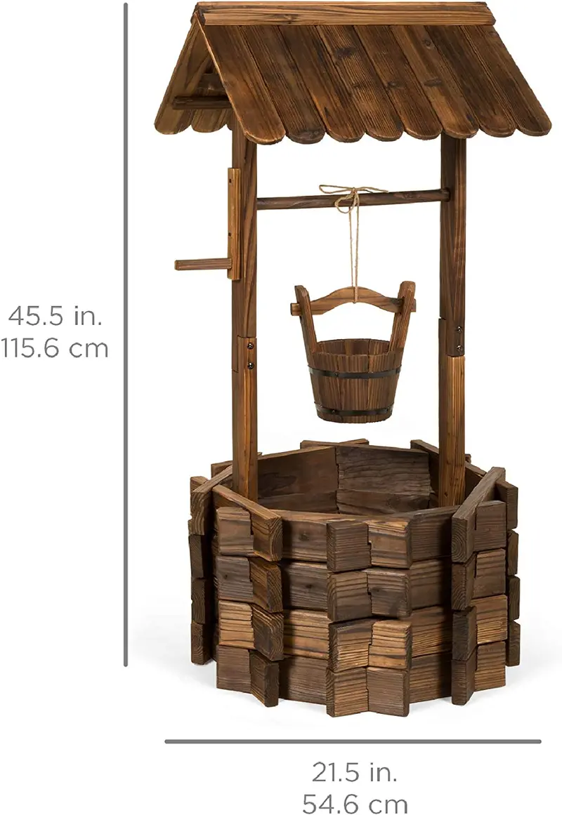 Best Choice Products Rustic Wishing Well Planter – Wooden Outdoor Decor with Hanging Bucket for Gardens and Patios