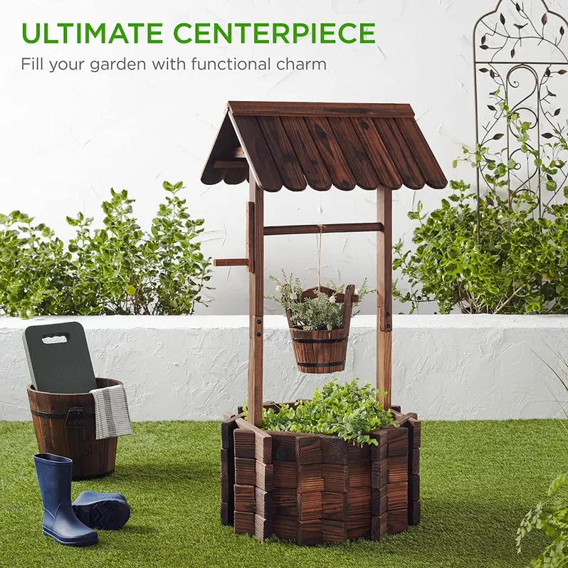 Best Choice Products Rustic Wooden Wishing Well Planter – Outdoor Garden Décor with Hanging Bucket
