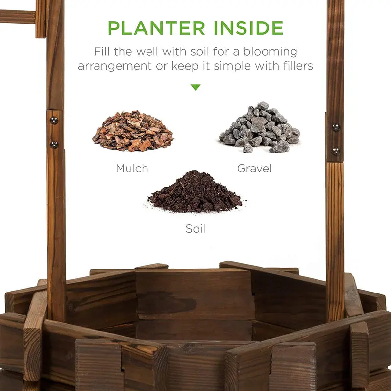 Best Choice Products Rustic Wooden Wishing Well Planter – Outdoor Garden Décor with Hanging Bucket