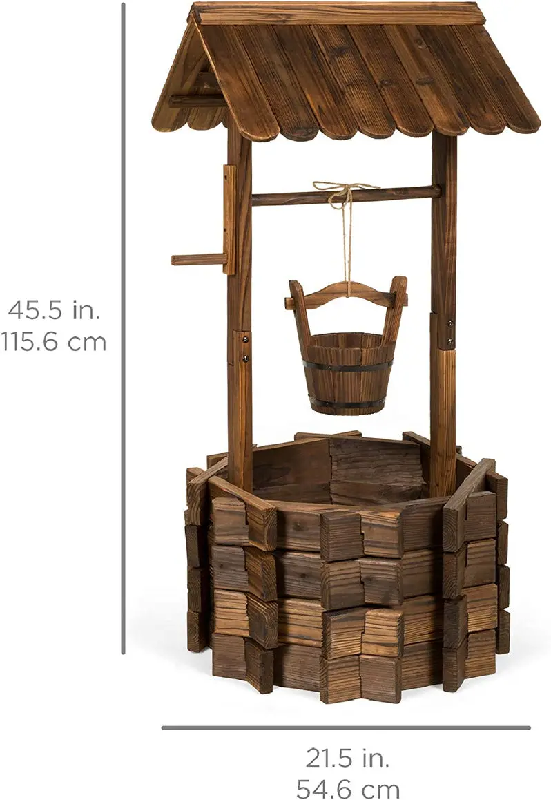 Best Choice Products Rustic Wooden Wishing Well Planter – Outdoor Garden Décor with Hanging Bucket