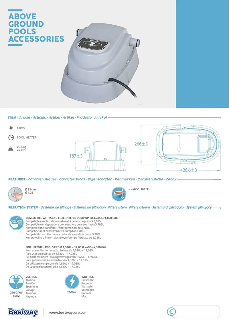 Bestway Electric Pool Heater – Energy-Efficient Heating for Inground and Above-Ground Pools