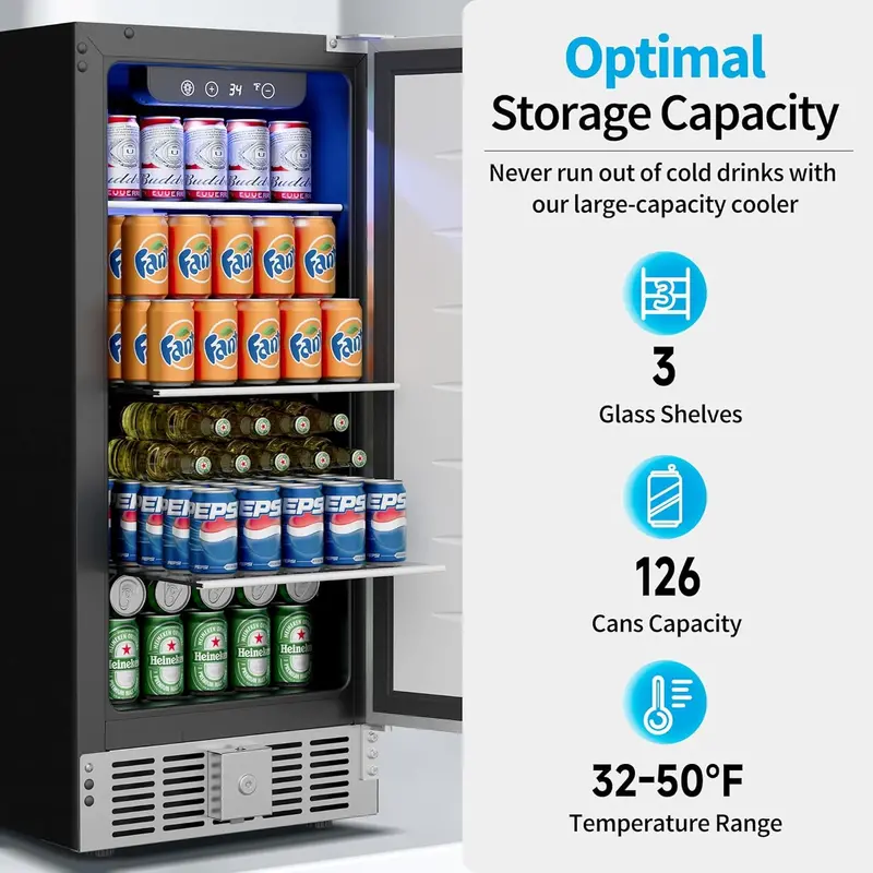 Beverage Refrigerator Cooler – 3.2 Cu. Ft. Glass-Door Mini Fridge, Holds 126 Cans, 4 Adjustable Shelves, Sleek Silver Finish