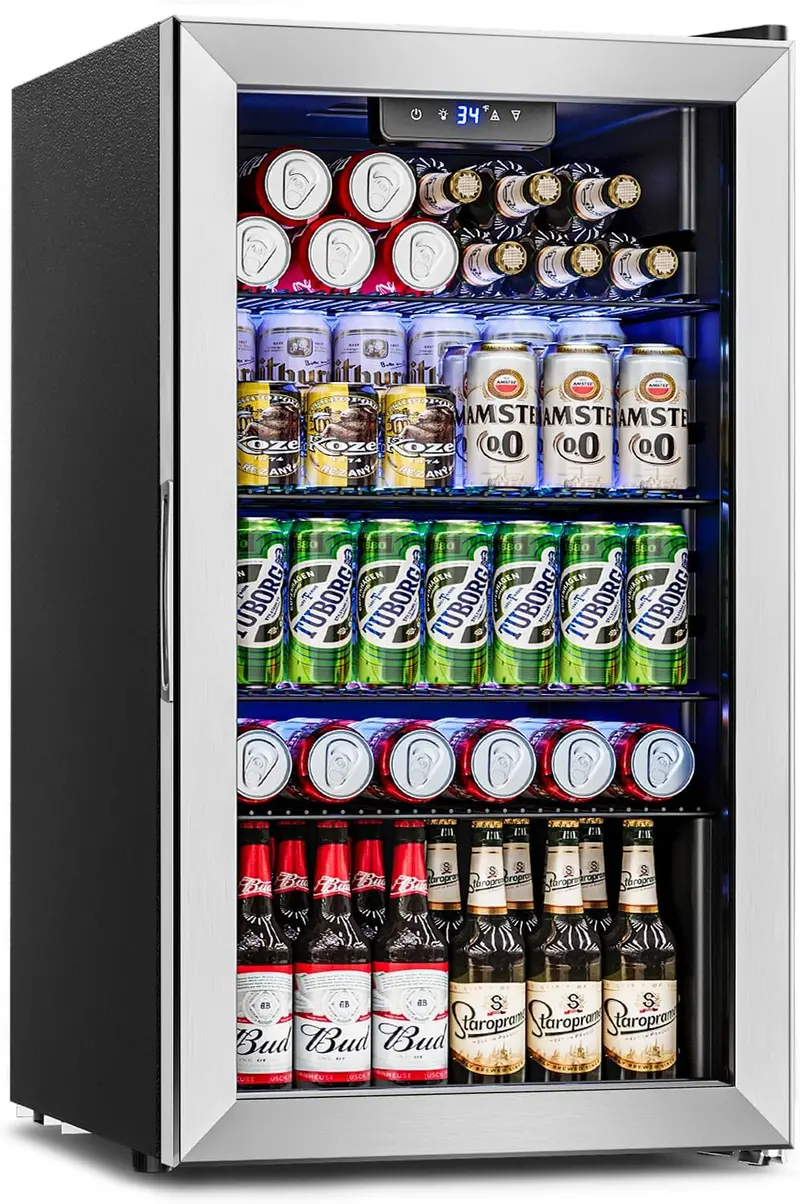 Beverage Refrigerator Cooler – 3.2 Cu. Ft. Glass-Door Mini Fridge, Holds 126 Cans, 4 Adjustable Shelves, Sleek Silver Finish